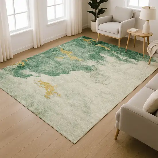 Emerald And Gold Abstract Washable Area Rug With UV Protection Photo 6