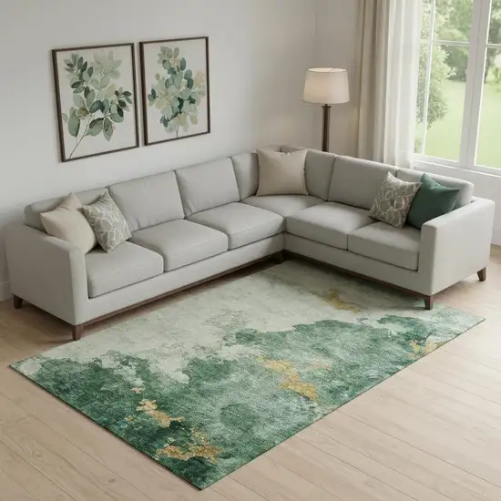 Emerald And Gold Abstract Washable Area Rug With UV Protection Photo 2