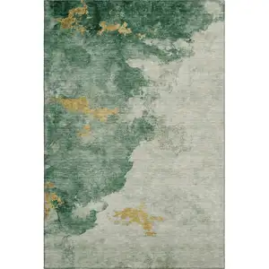 Photo of Emerald And Gold Abstract Washable Area Rug With UV Protection