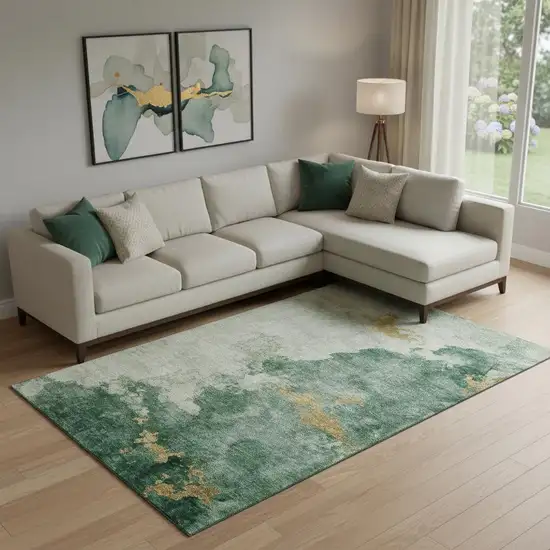 Emerald And Gold Abstract Washable Area Rug With UV Protection Photo 2