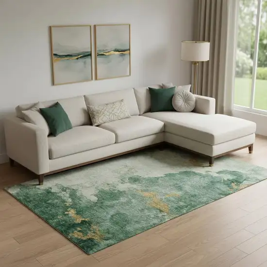 Emerald And Gold Abstract Washable Area Rug With UV Protection Photo 2