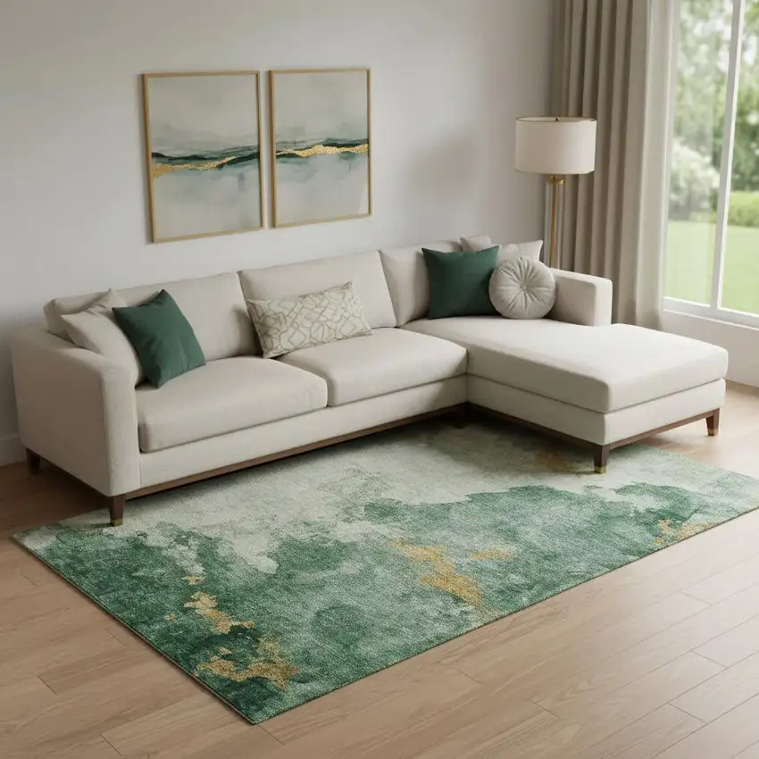 Emerald And Gold Abstract Washable Area Rug With UV Protection Photo 2