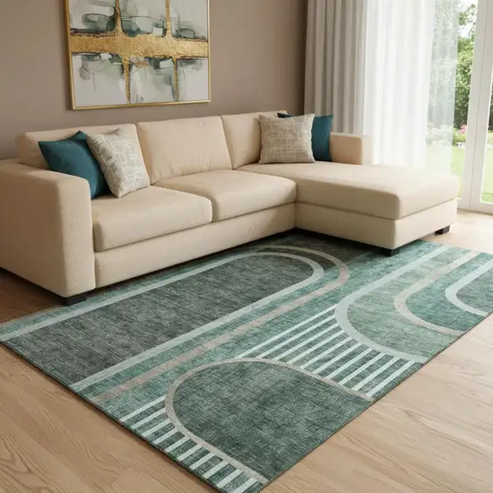 Emerald And Gray Geometric Washable Area Rug With UV Protection Photo 1