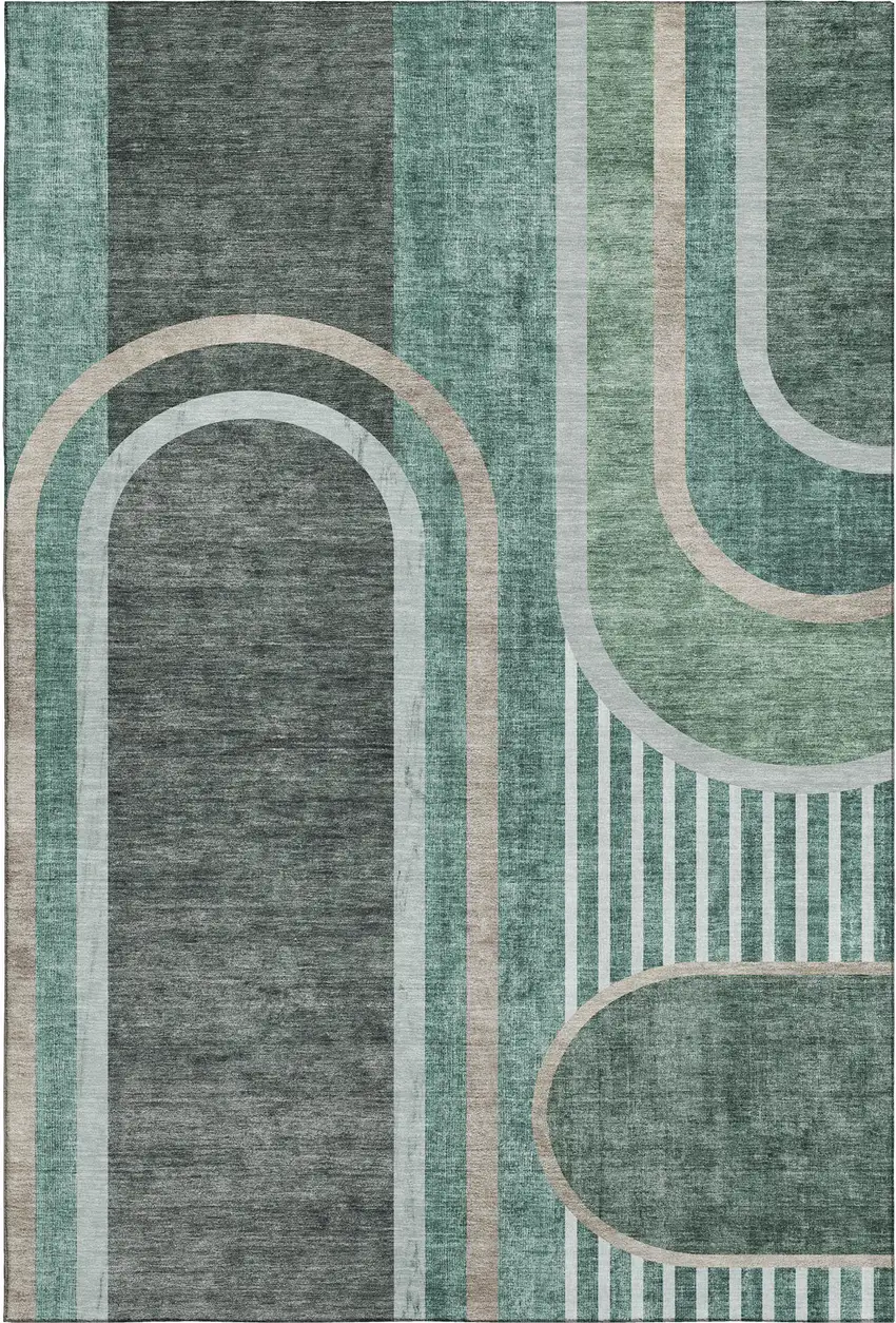 Emerald And Gray Geometric Washable Area Rug With UV Protection Photo 1