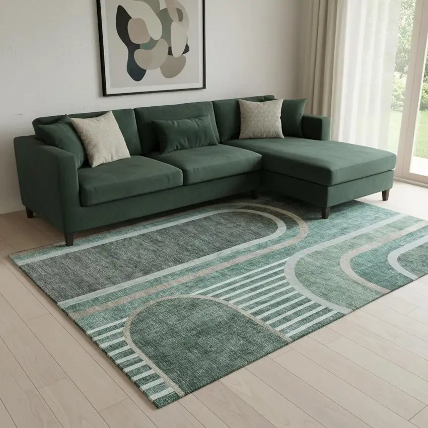 Emerald And Gray Geometric Washable Area Rug With UV Protection Photo 1