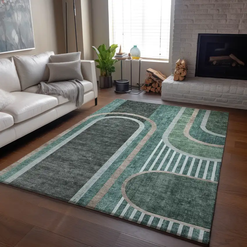 Emerald And Gray Geometric Washable Area Rug With UV Protection Photo 5