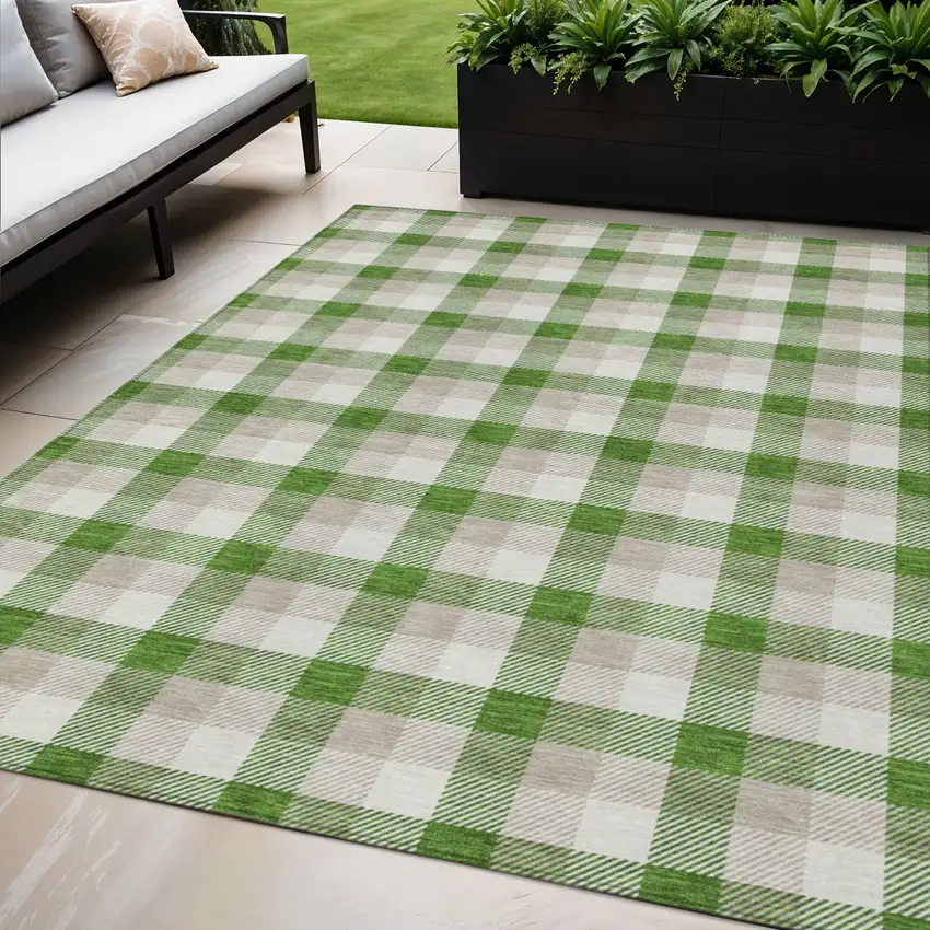 Emerald And Gray Plaid Washable Indoor Outdoor Area Rug Photo 1