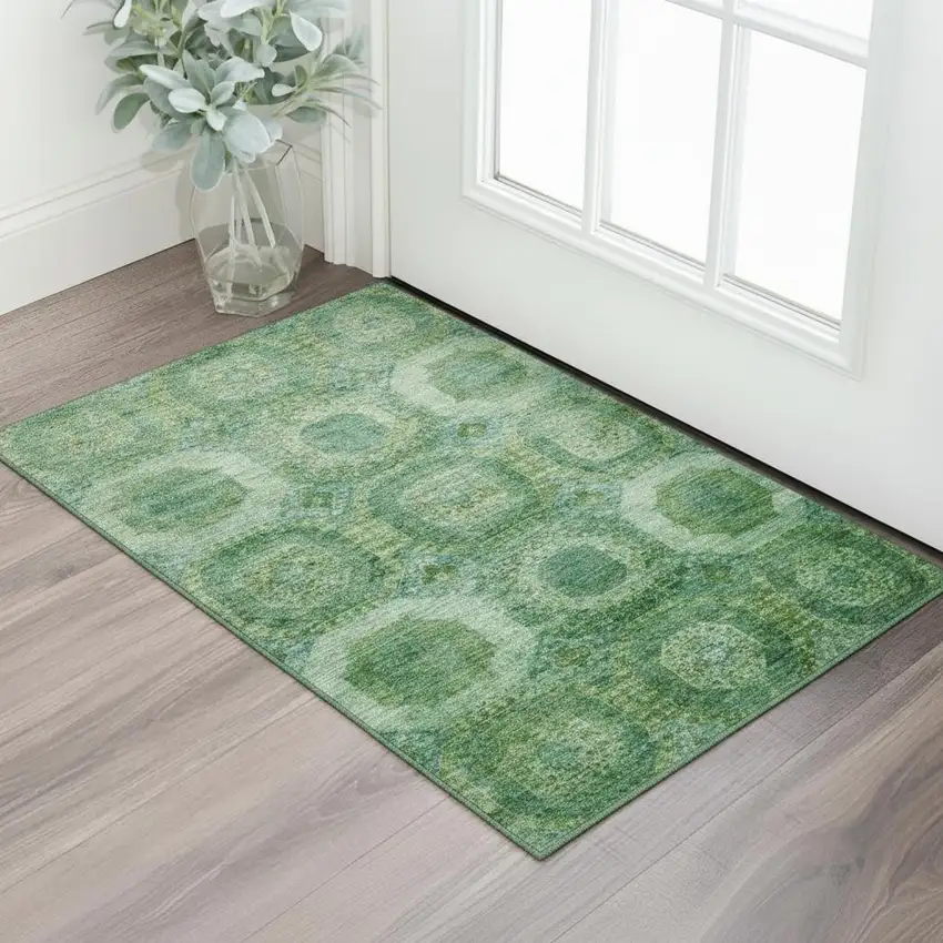 Emerald And Green Abstract Geometric Washable Area Rug With UV Protection Photo 2