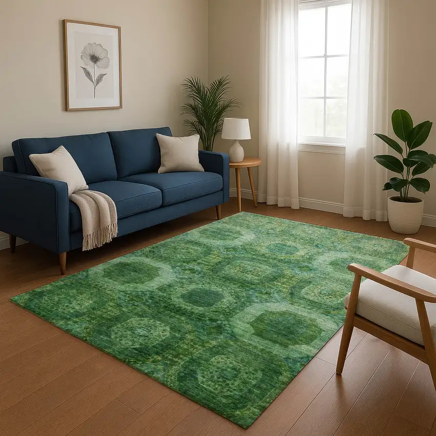 Emerald And Green Abstract Geometric Washable Area Rug With UV Protection Photo 5