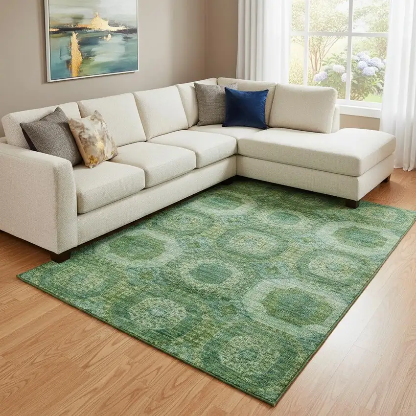 Emerald And Green Abstract Geometric Washable Area Rug With UV Protection Photo 2