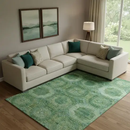 Emerald And Green Abstract Geometric Washable Area Rug With UV Protection Photo 2