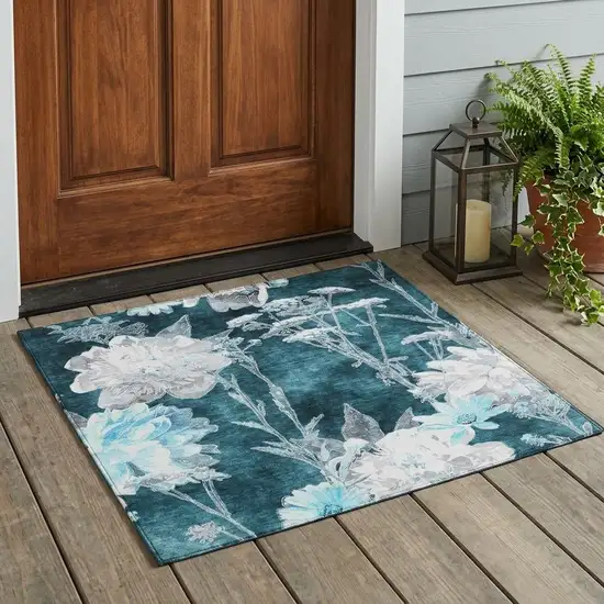Emerald And Green Floral Washable Indoor Outdoor Area Rug Photo 1