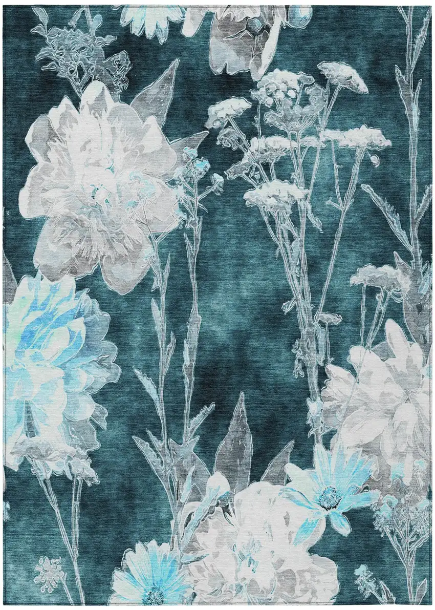 Emerald And Green Floral Washable Indoor Outdoor Area Rug Photo 2