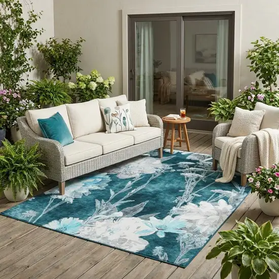 Emerald And Green Floral Washable Indoor Outdoor Area Rug Photo 1