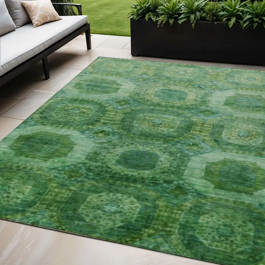 Emerald And Green Medallion Washable Indoor Outdoor Area Rug Photo 2