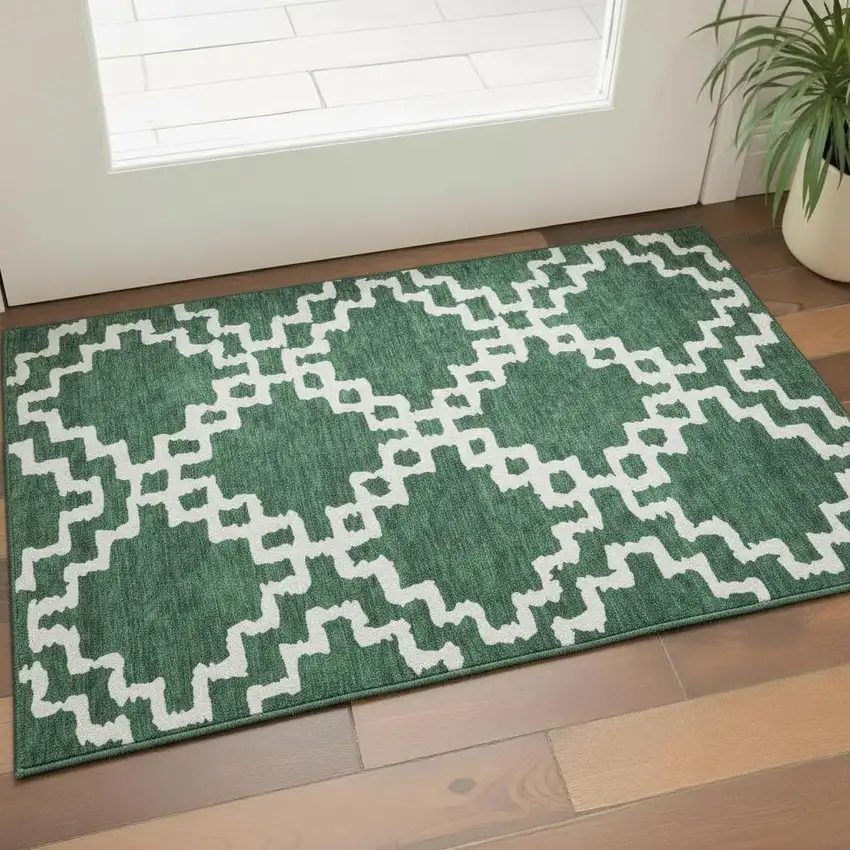 Emerald And Ivory Abstract Geometric Washable Area Rug With UV Protection Photo 1