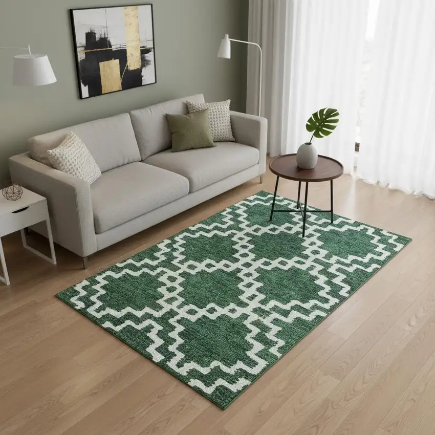 Emerald And Ivory Abstract Geometric Washable Area Rug With UV Protection Photo 2