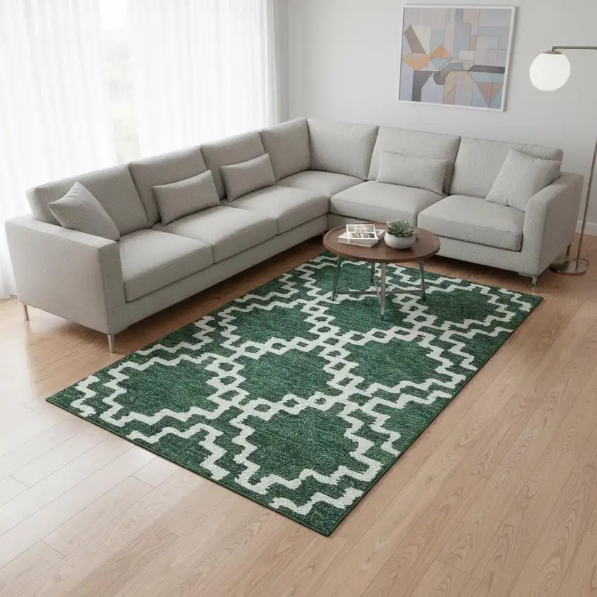 Emerald And Ivory Abstract Geometric Washable Area Rug With UV Protection Photo 2