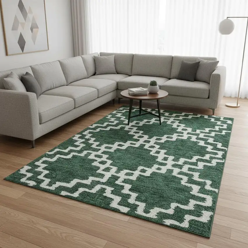 Emerald And Ivory Abstract Geometric Washable Area Rug With UV Protection Photo 2