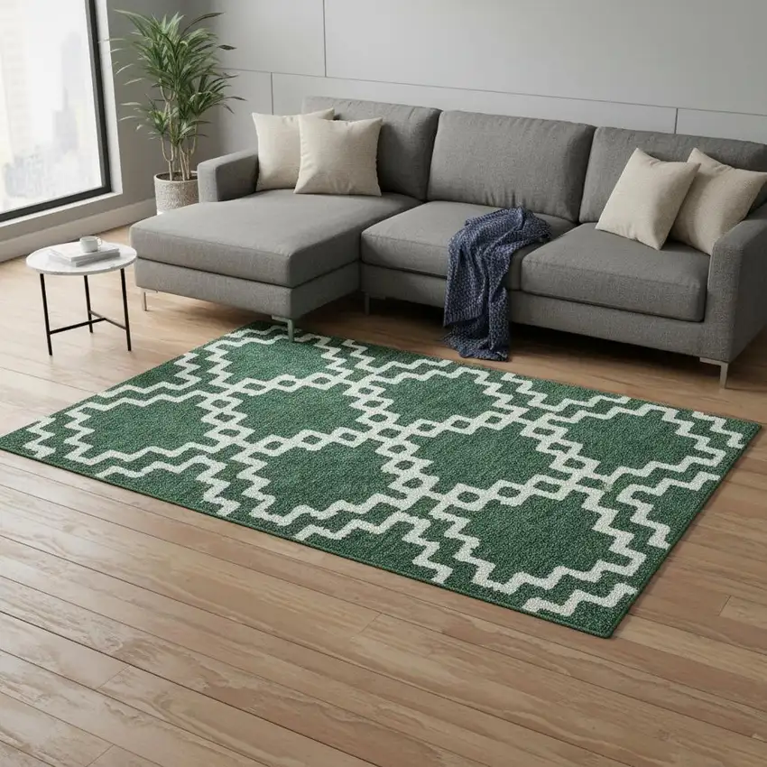 Emerald And Ivory Abstract Geometric Washable Area Rug With UV Protection Photo 2