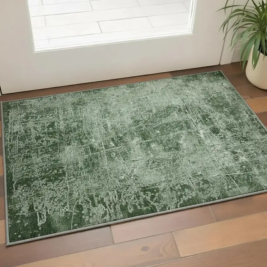 Emerald And Ivory Abstract Washable Area Rug With UV Protection Photo 3