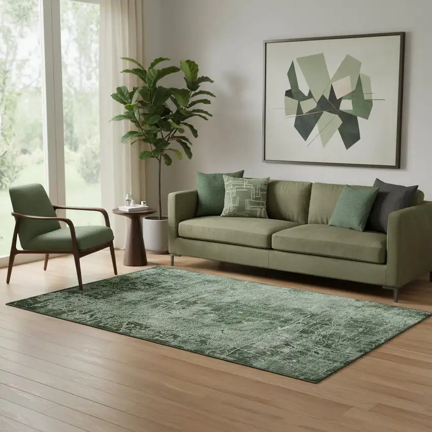 Emerald And Ivory Abstract Washable Area Rug With UV Protection Photo 1