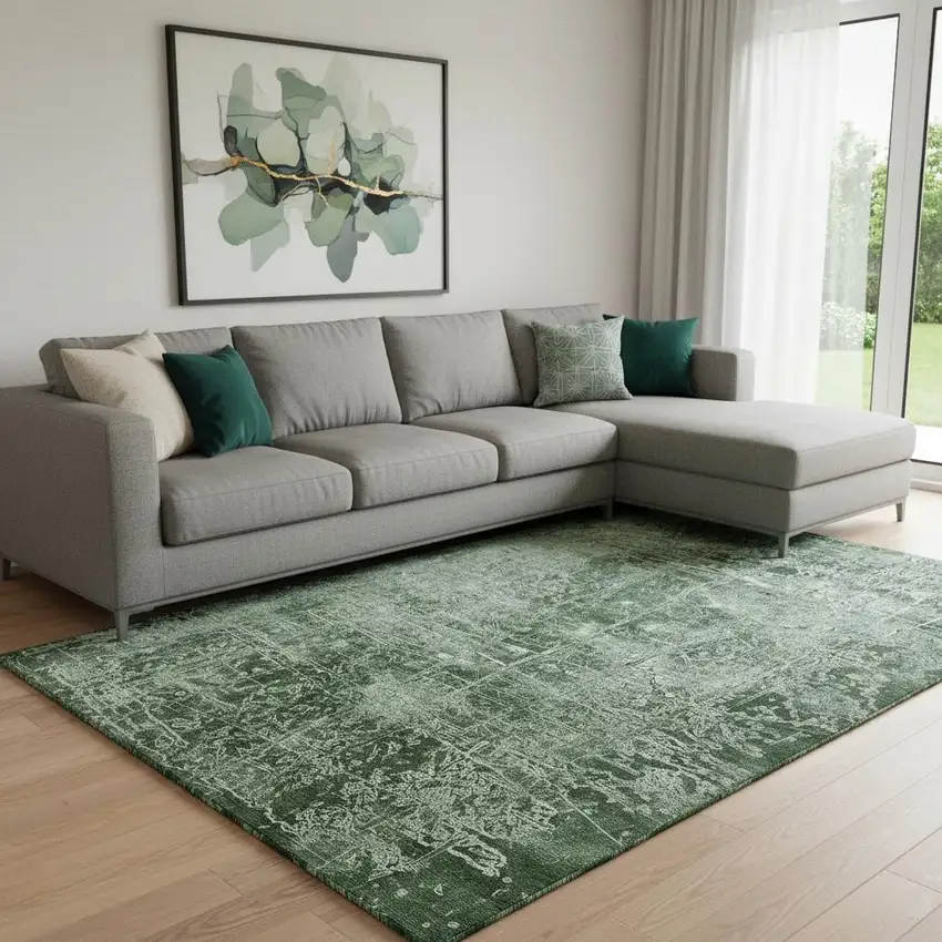 Emerald And Ivory Abstract Washable Area Rug With UV Protection Photo 1