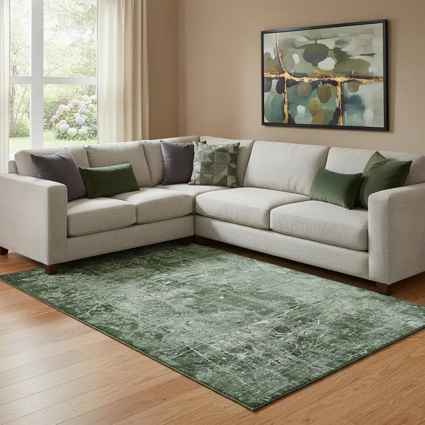 Emerald And Ivory Abstract Washable Area Rug With UV Protection Photo 1