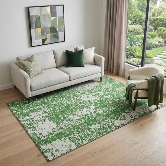 Emerald And Ivory Abstract Washable Area Rug With UV Protection Photo 1
