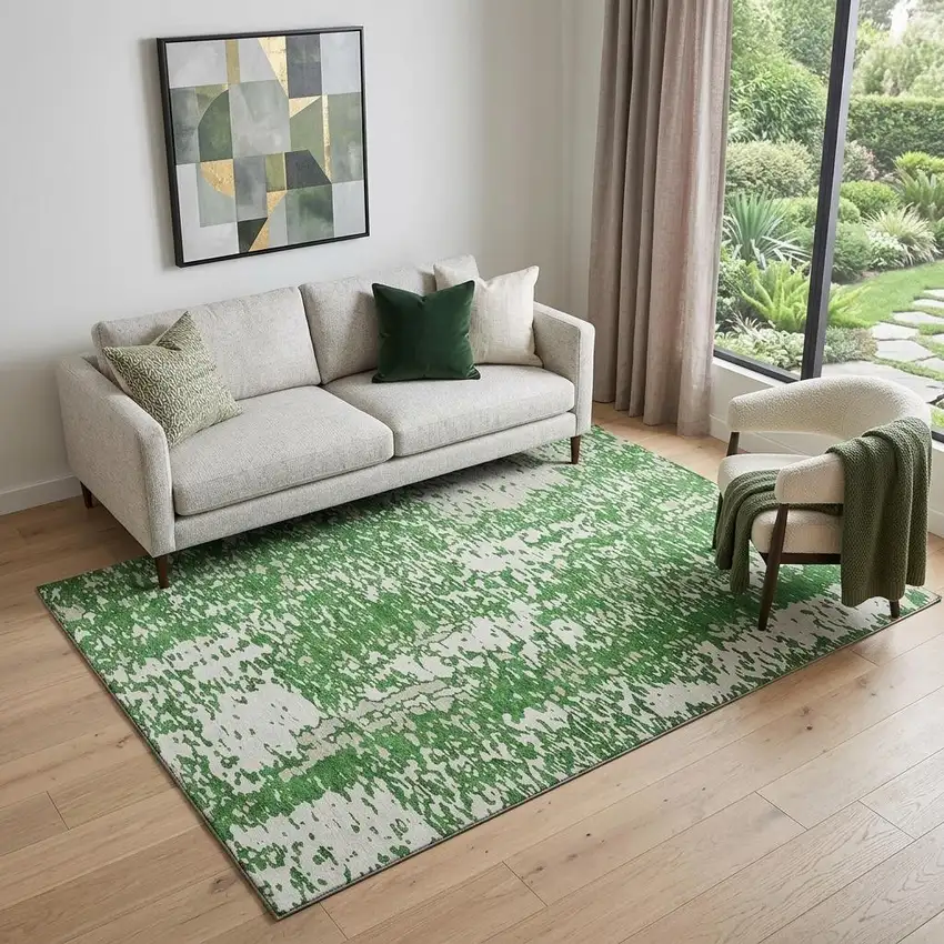 Emerald And Ivory Abstract Washable Area Rug With UV Protection Photo 1