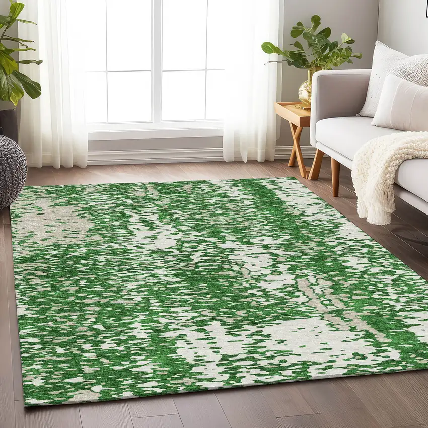 Emerald And Ivory Abstract Washable Area Rug With UV Protection Photo 5