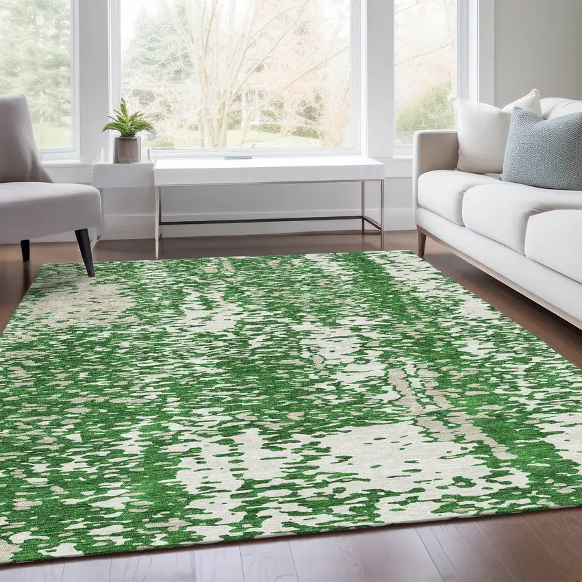 Emerald And Ivory Abstract Washable Area Rug With UV Protection Photo 5