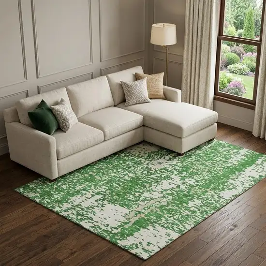 Emerald And Ivory Abstract Washable Area Rug With UV Protection Photo 1