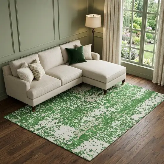 Emerald And Ivory Abstract Washable Area Rug With UV Protection Photo 1