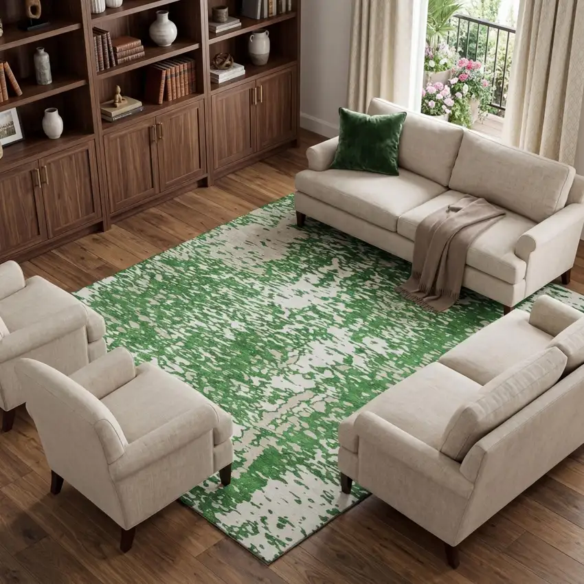 Emerald And Ivory Abstract Washable Area Rug With UV Protection Photo 1