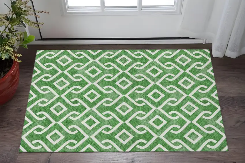 Emerald And Ivory Geometric Washable Area Rug With UV Protection Photo 2