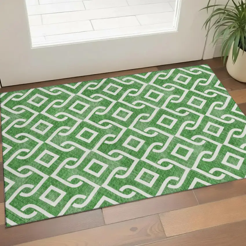 Emerald And Ivory Geometric Washable Area Rug With UV Protection Photo 1