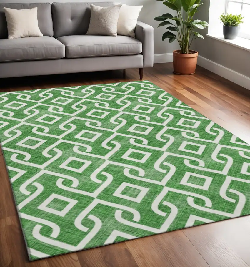 Emerald And Ivory Geometric Washable Area Rug With UV Protection Photo 2
