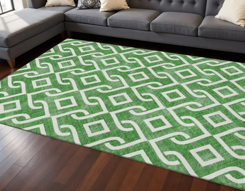Emerald And Ivory Geometric Washable Area Rug With UV Protection Photo 2
