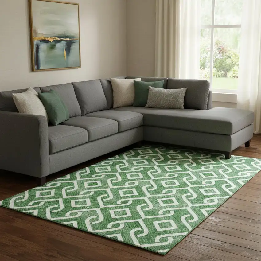 Emerald And Ivory Geometric Washable Area Rug With UV Protection Photo 1