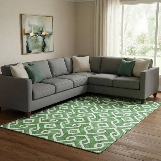 Emerald And Ivory Geometric Washable Area Rug With UV Protection Photo 1