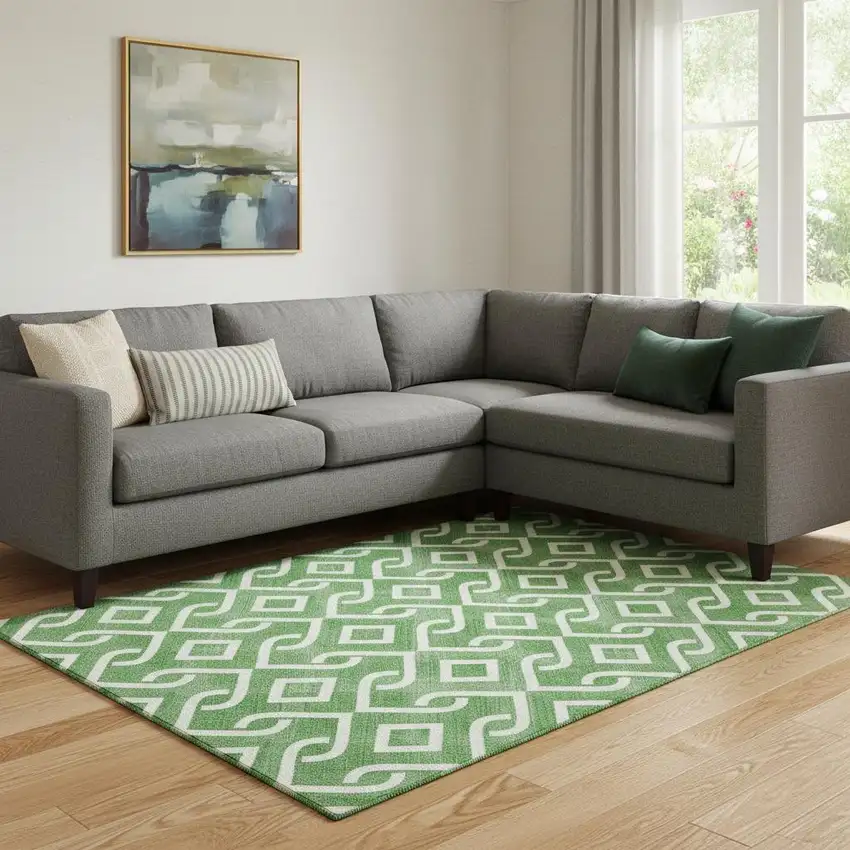 Emerald And Ivory Geometric Washable Area Rug With UV Protection Photo 1