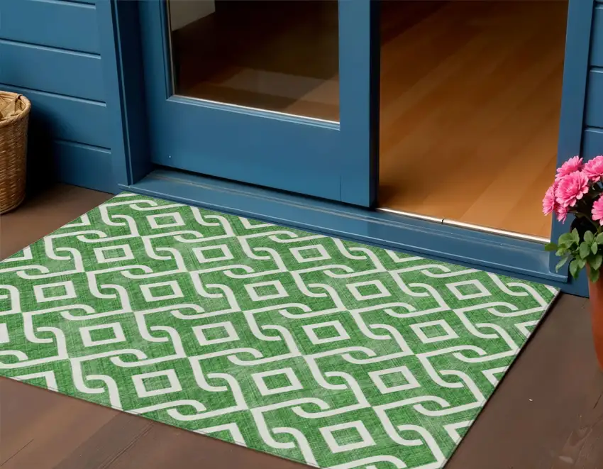 Emerald And Ivory Geometric Washable Indoor Outdoor Area Rug Photo 1
