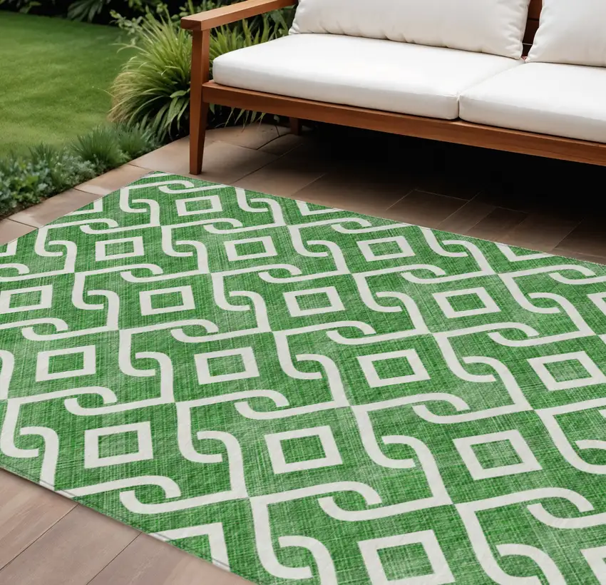 Emerald And Ivory Geometric Washable Indoor Outdoor Area Rug Photo 1
