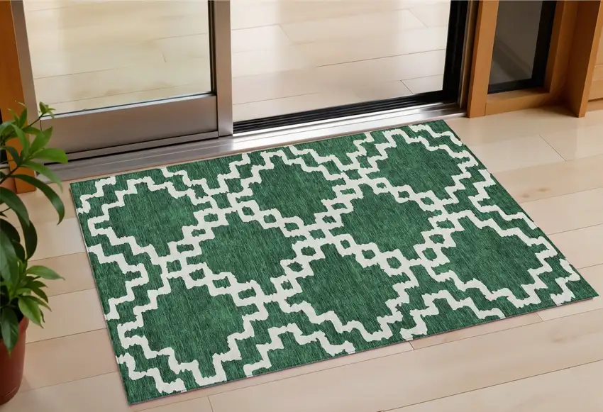Emerald And Ivory Geometric Washable Indoor Outdoor Area Rug Photo 1