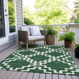Photo of Emerald And Ivory Geometric Washable Indoor Outdoor Area Rug