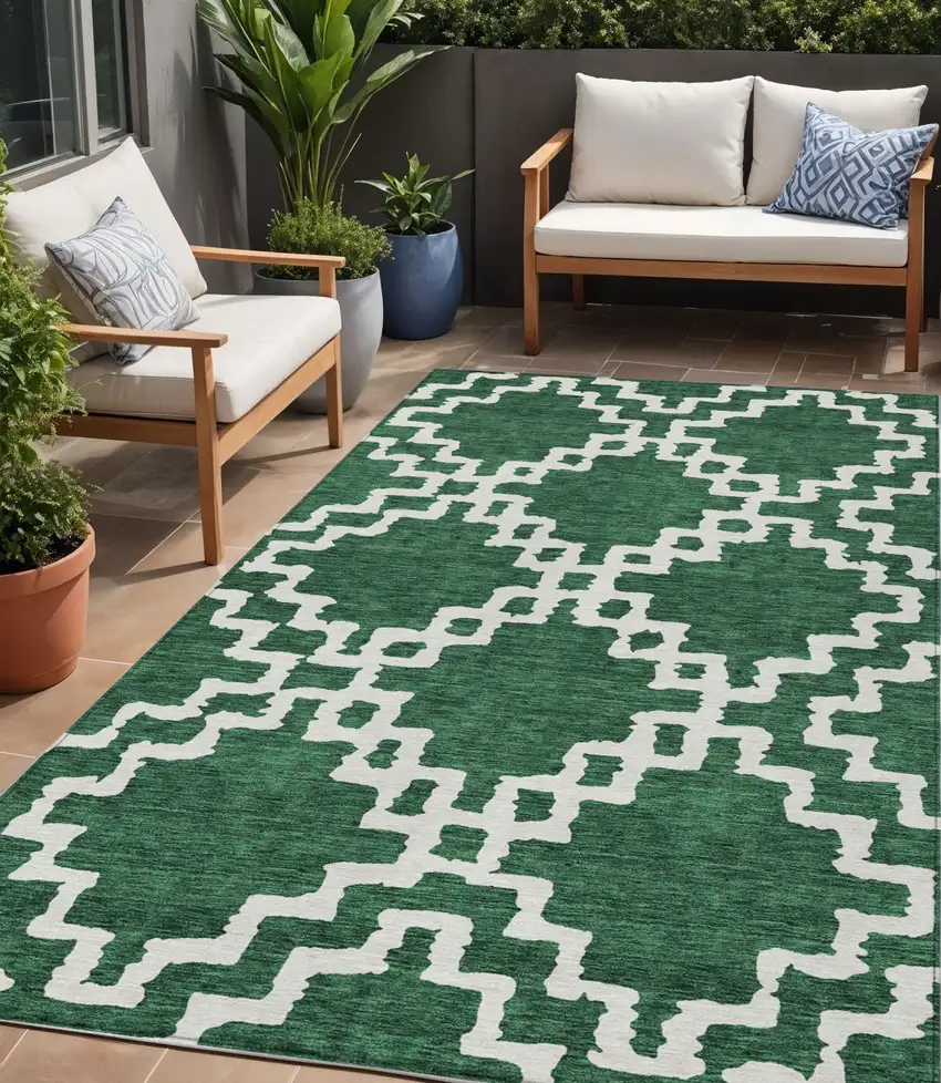 Emerald And Ivory Geometric Washable Indoor Outdoor Area Rug Photo 1