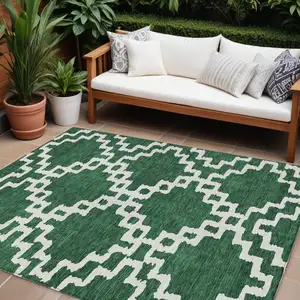 Photo of Emerald And Ivory Geometric Washable Indoor Outdoor Area Rug
