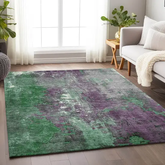 Emerald And Purple Abstract Washable Indoor Outdoor Area Rug Photo 6