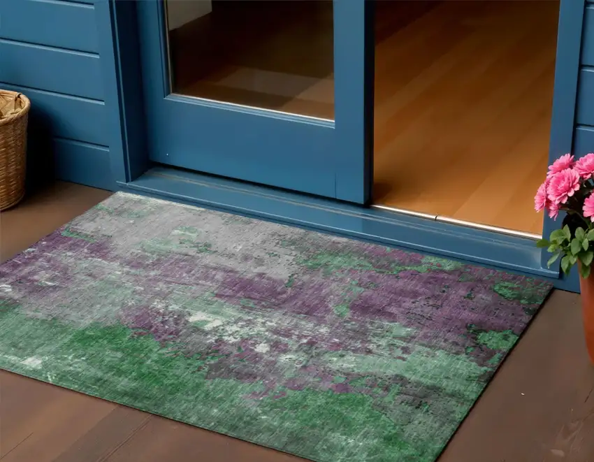 Emerald And Purple Abstract Washable Indoor Outdoor Area Rug Photo 2